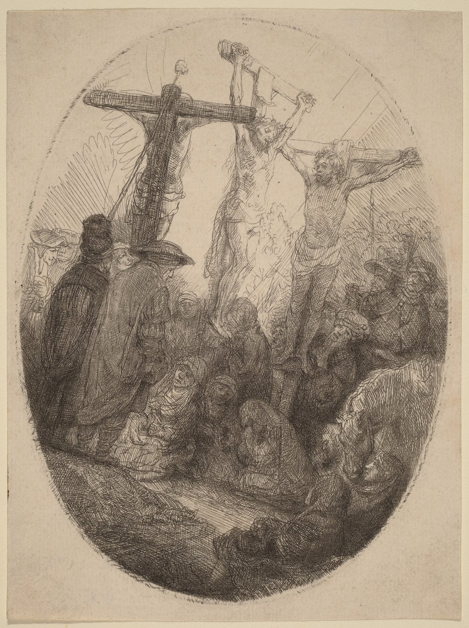 Den korsfestede Kristus mellom de to tyvene: en oval tallerken av Rembrandt van Rijn