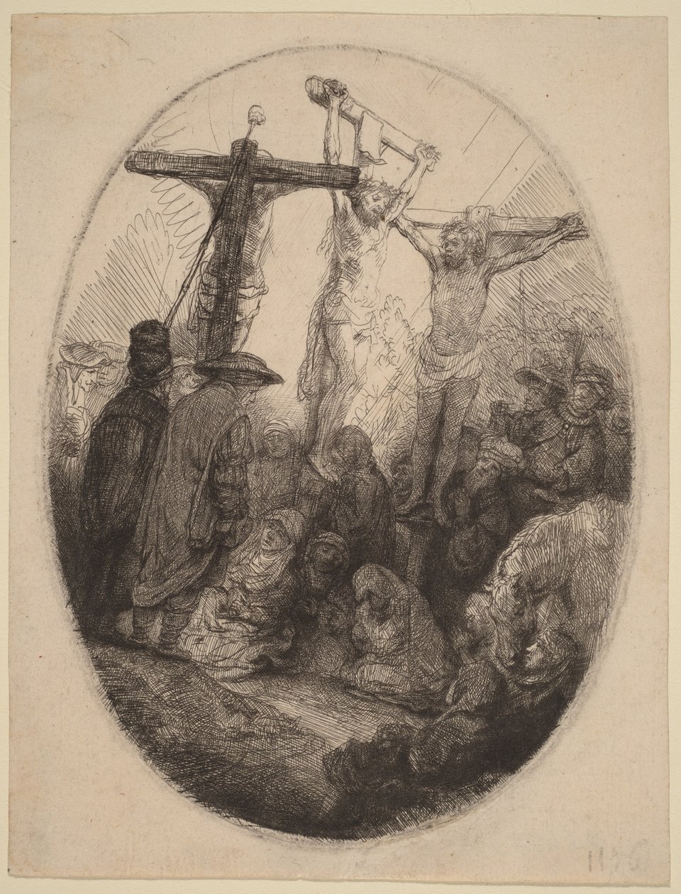 Den korsfestede Kristus mellom de to tyvene: en oval tallerken av Rembrandt van Rijn