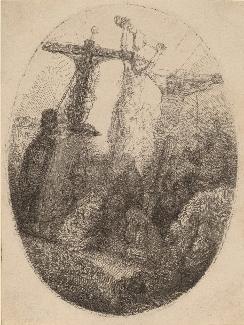 Kristus korsfestet mellom de to tyvene: en oval plate, ca. 1641. av Rembrandt van Rijn