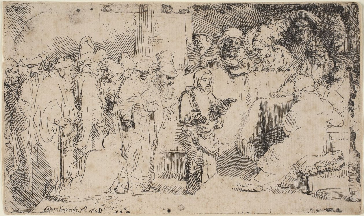 Kristus i diskusjon med de skriftlærde: En skisse av Rembrandt van Rijn