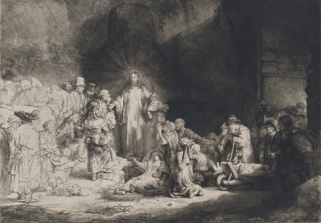 Christ Preaching The Hundred Guilder Print, ca. 16431649. av Rembrandt van Rijn