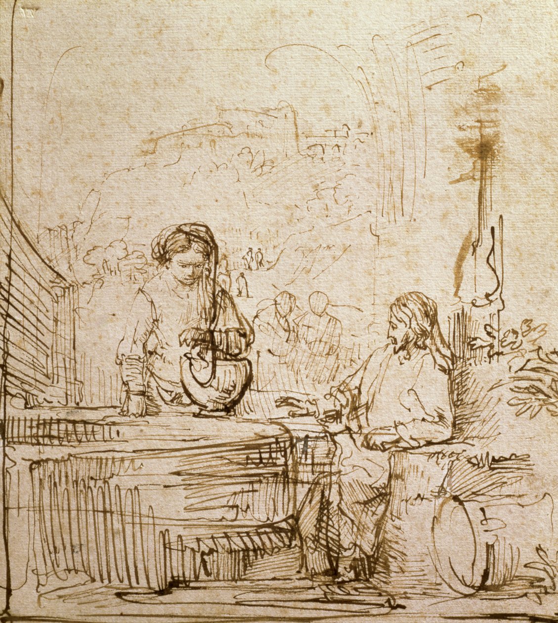 Kristus og kvinnen i Samaria (penn og brunt blekk på papir) av Rembrandt van Rijn