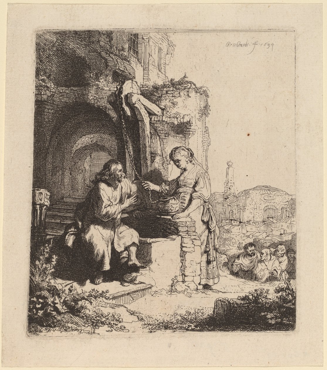 Kristus og kvinnen i Samaria blant ruiner av Rembrandt van Rijn