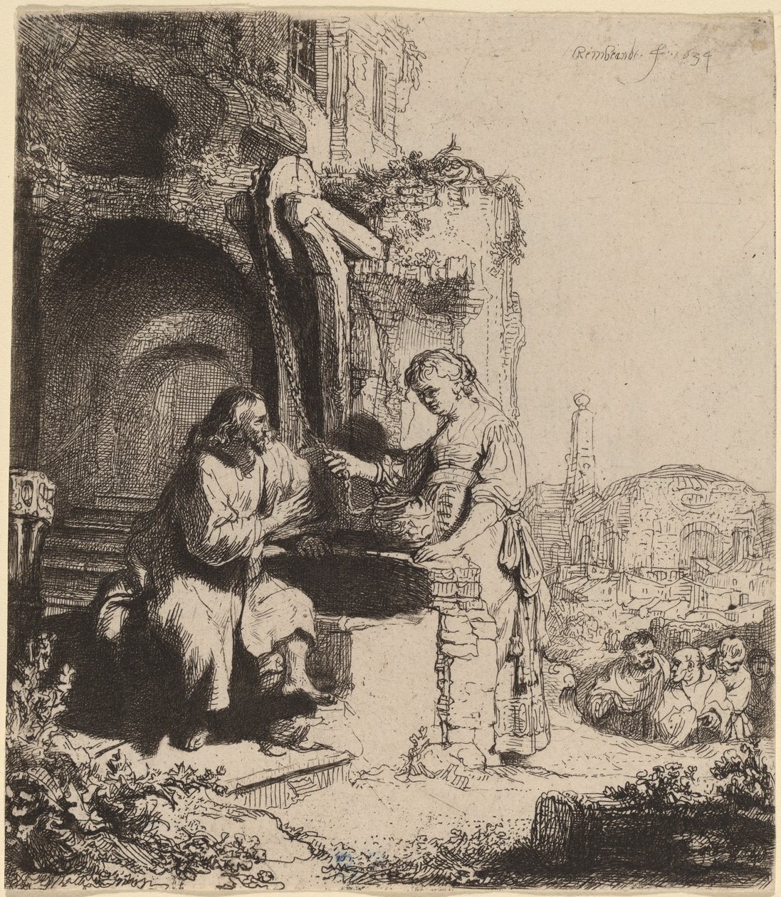 Kristus og kvinnen i Samaria blant ruiner av Rembrandt van Rijn