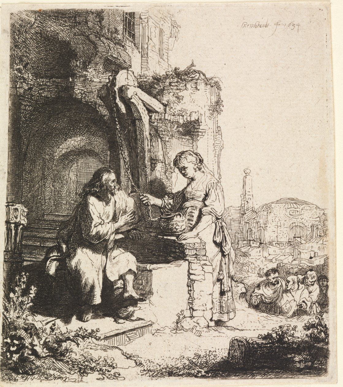 Kristus og kvinnen i Samaria blant ruiner av Rembrandt van Rijn