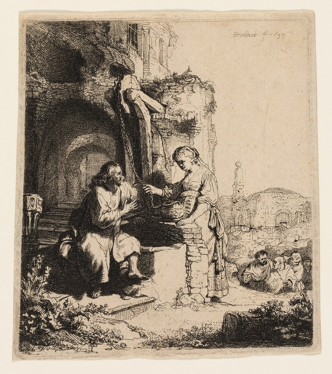 Kristus og kvinnen i Samaria blant ruiner av Rembrandt van Rijn