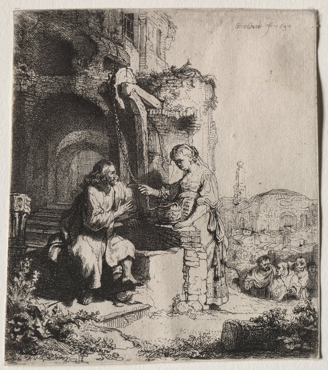 Kristus og kvinnen i Samaria blant ruiner av Rembrandt van Rijn