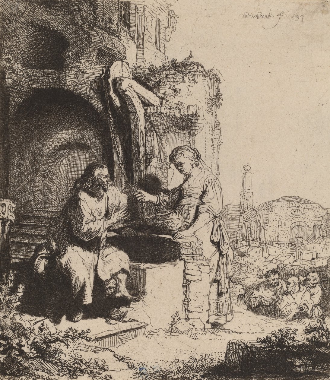 Kristus og kvinnen i Samaria blant ruiner, 1634. av Rembrandt van Rijn