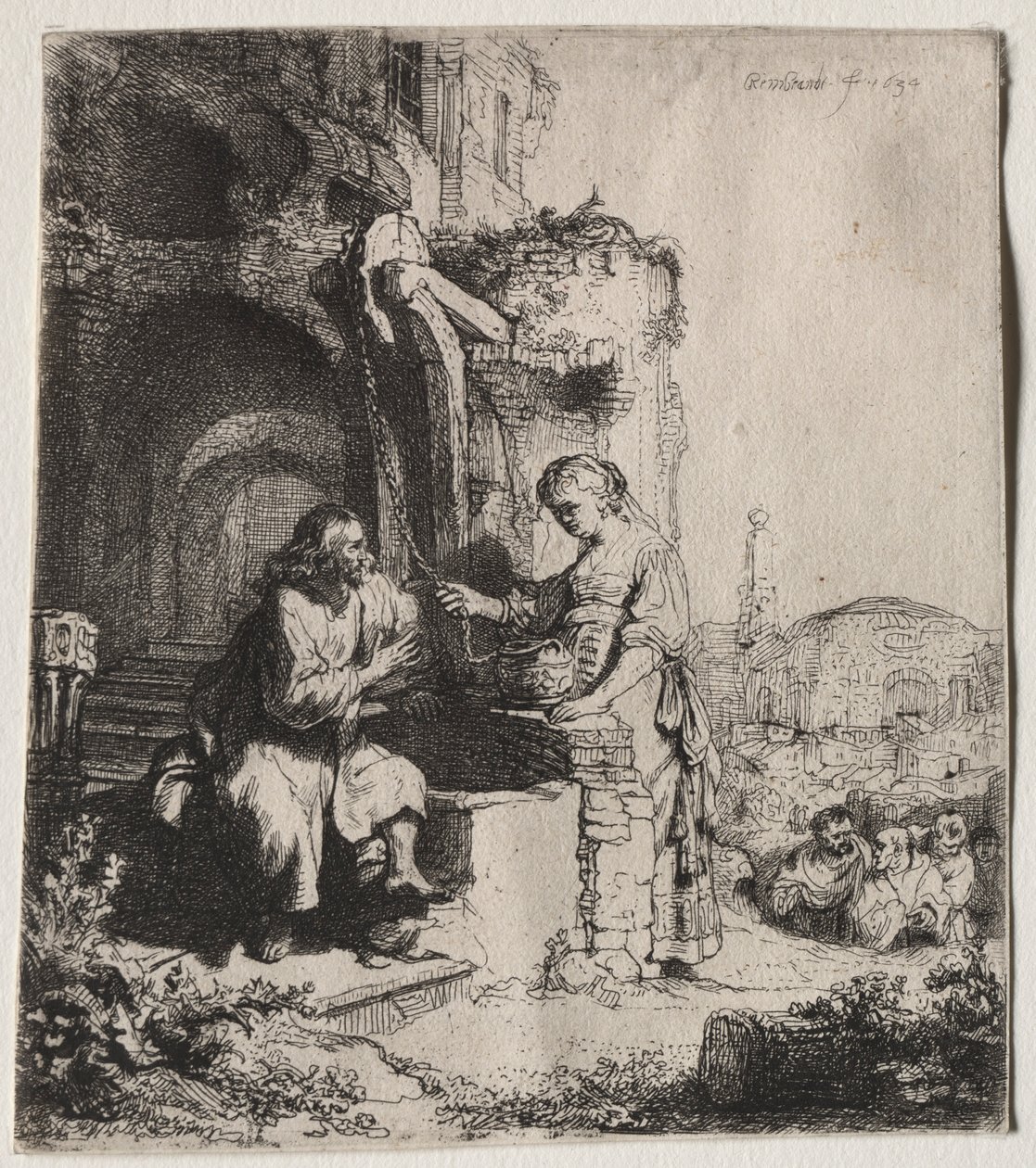 Kristus og kvinnen i Samaria blant ruiner, 1634. av Rembrandt van Rijn
