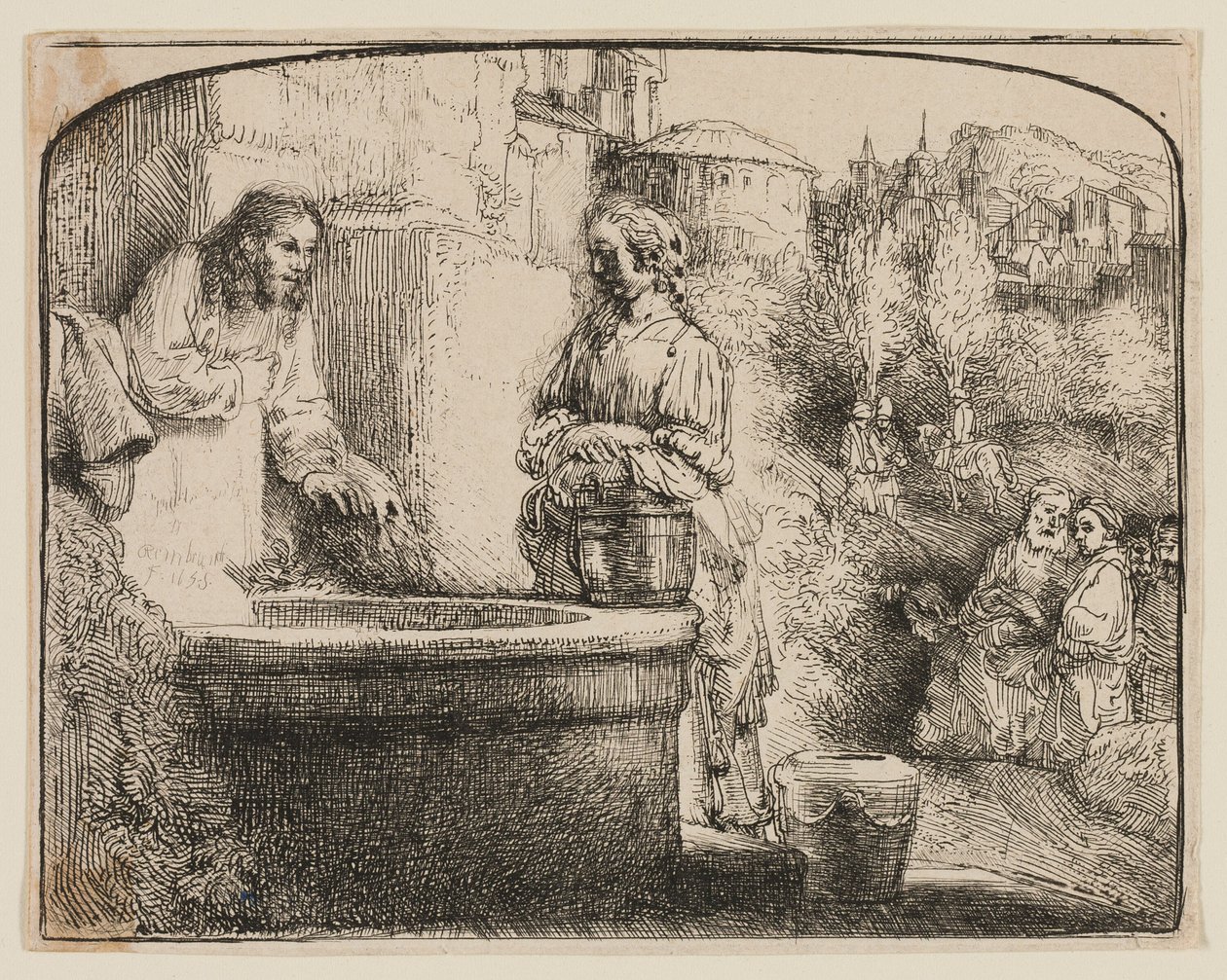 Kristus og kvinnen i Samaria: Et buet trykk av Rembrandt van Rijn