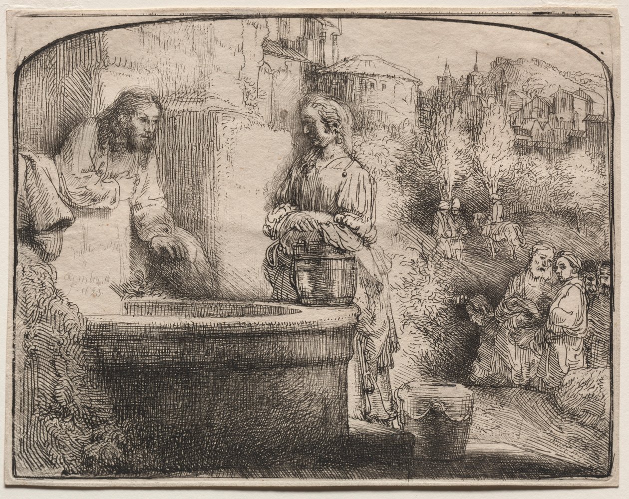 Kristus og kvinnen i Samaria: Et buet trykk, 1657-58. av Rembrandt van Rijn