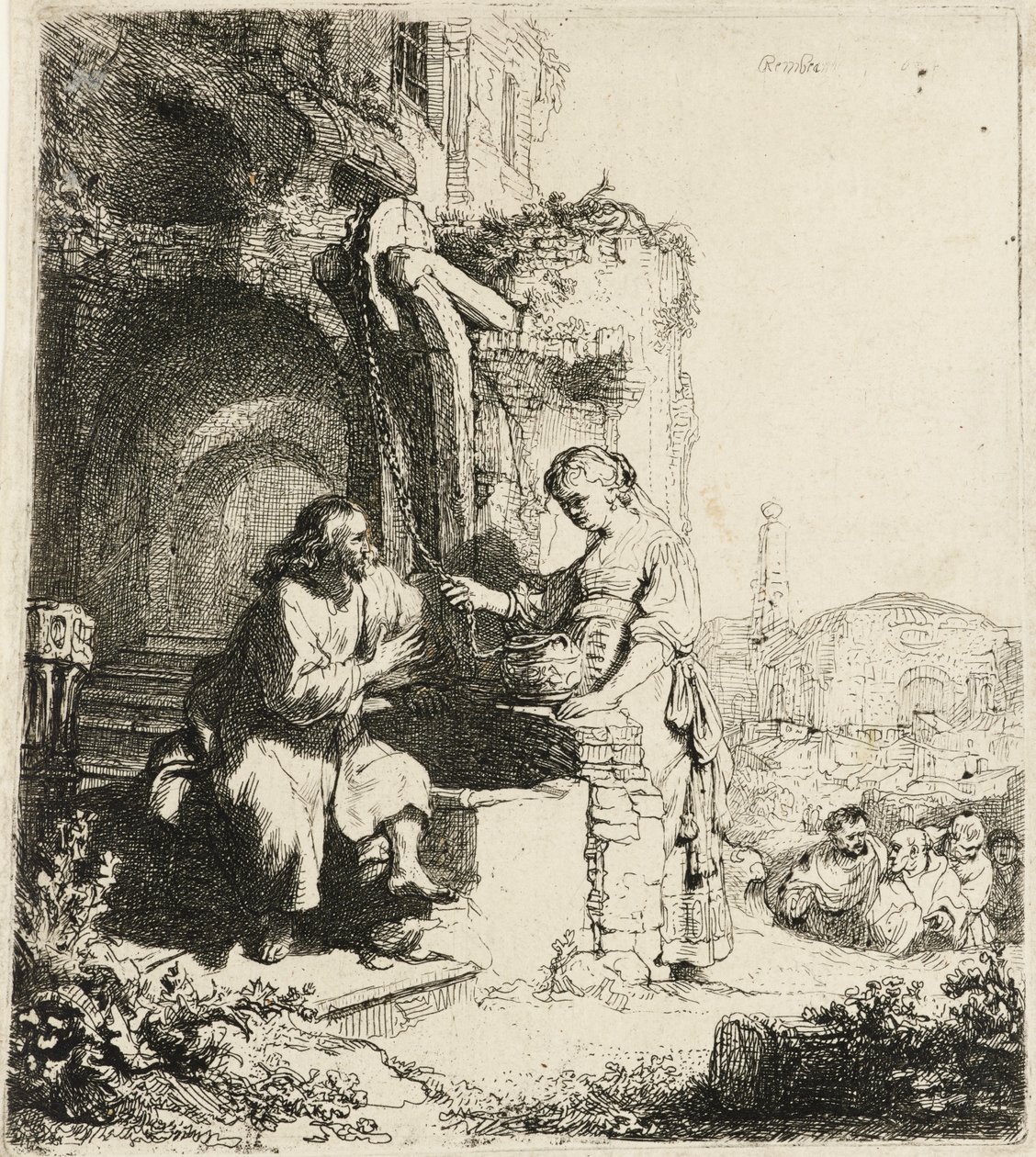 Kristus og kvinnen i Samaria blant ruiner [Johannes 4:5-20], 1634. av Rembrandt van Rijn