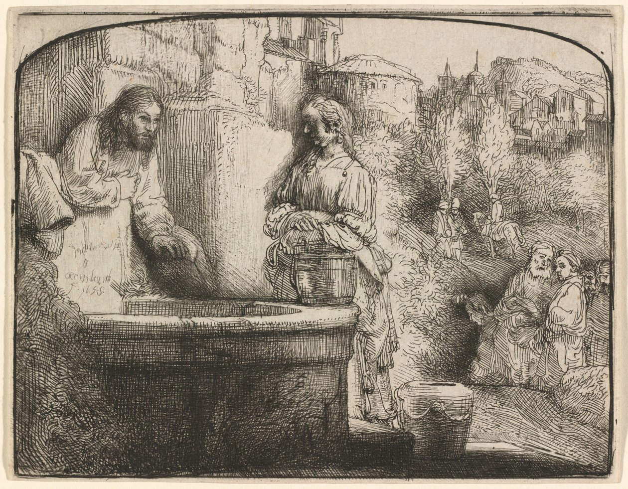 Kristus og kvinnen fra Samaria: et trykk med buet motiv av Rembrandt van Rijn