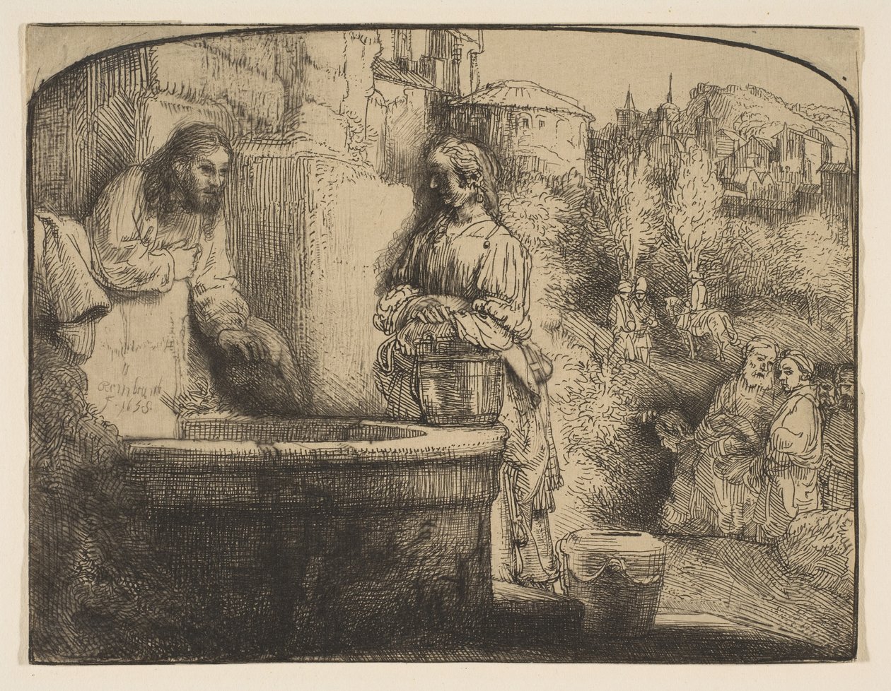 Kristus og kvinnen i Samaria: et buet trykk, 1658. av Rembrandt van Rijn