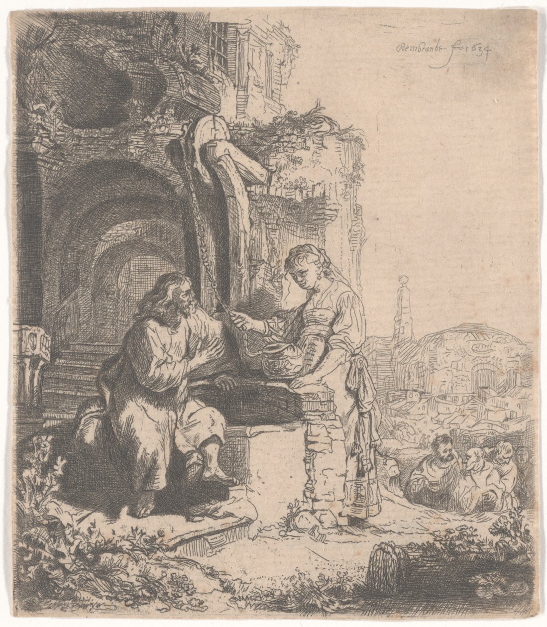 Kristus og kvinnen i Samaria blant ruiner, 1634 av Rembrandt van Rijn