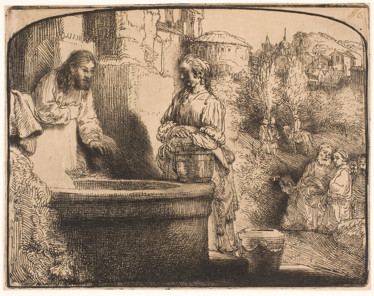 Kristus og kvinnen i Samaria: et buet trykk av Rembrandt van Rijn