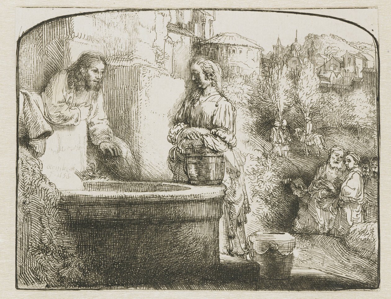 Kristus og kvinnen i Samaria: et buet trykk av Rembrandt van Rijn