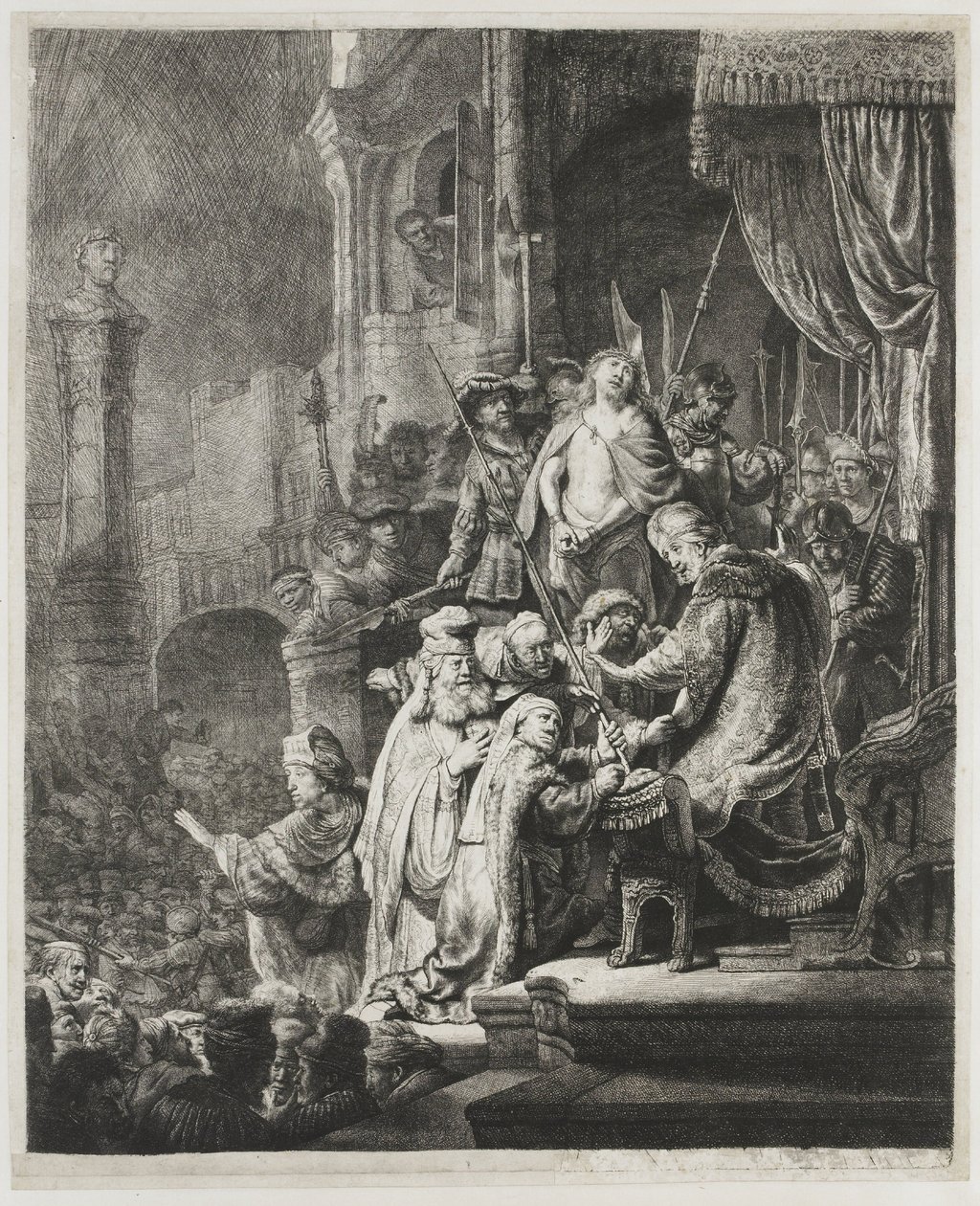 Kristus foran Pilatus: stor plate av Rembrandt van Rijn