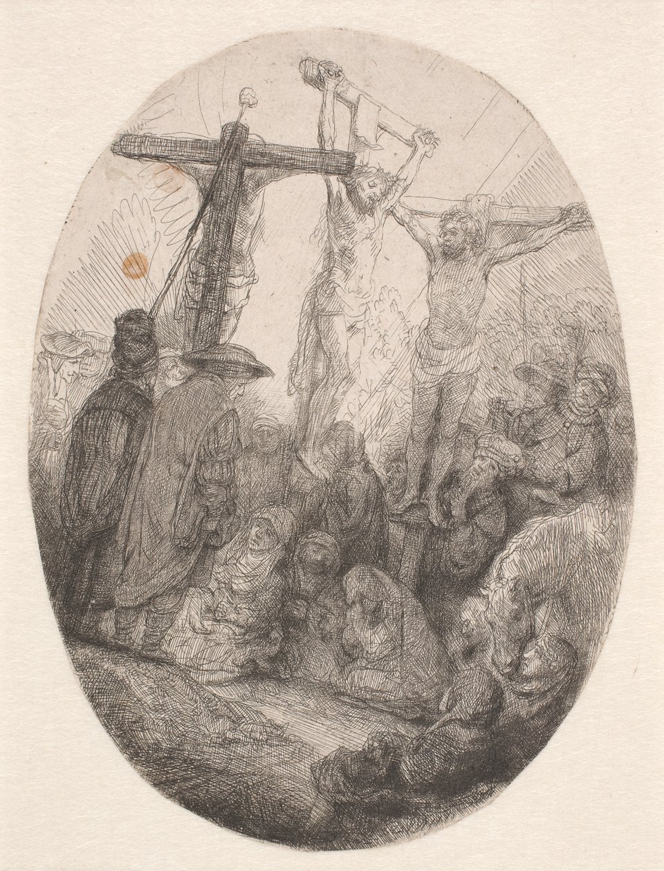 Kristus korsfestet mellom de to tyvene: en oval plate av Rembrandt van Rijn