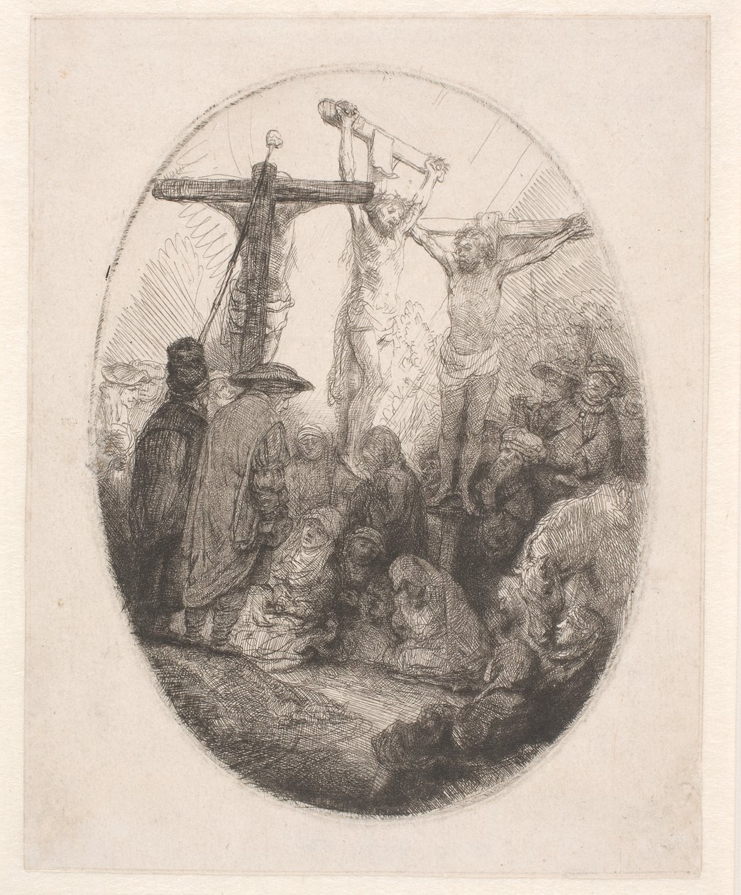Kristus korsfestet mellom de to tyvene: en oval plate av Rembrandt van Rijn