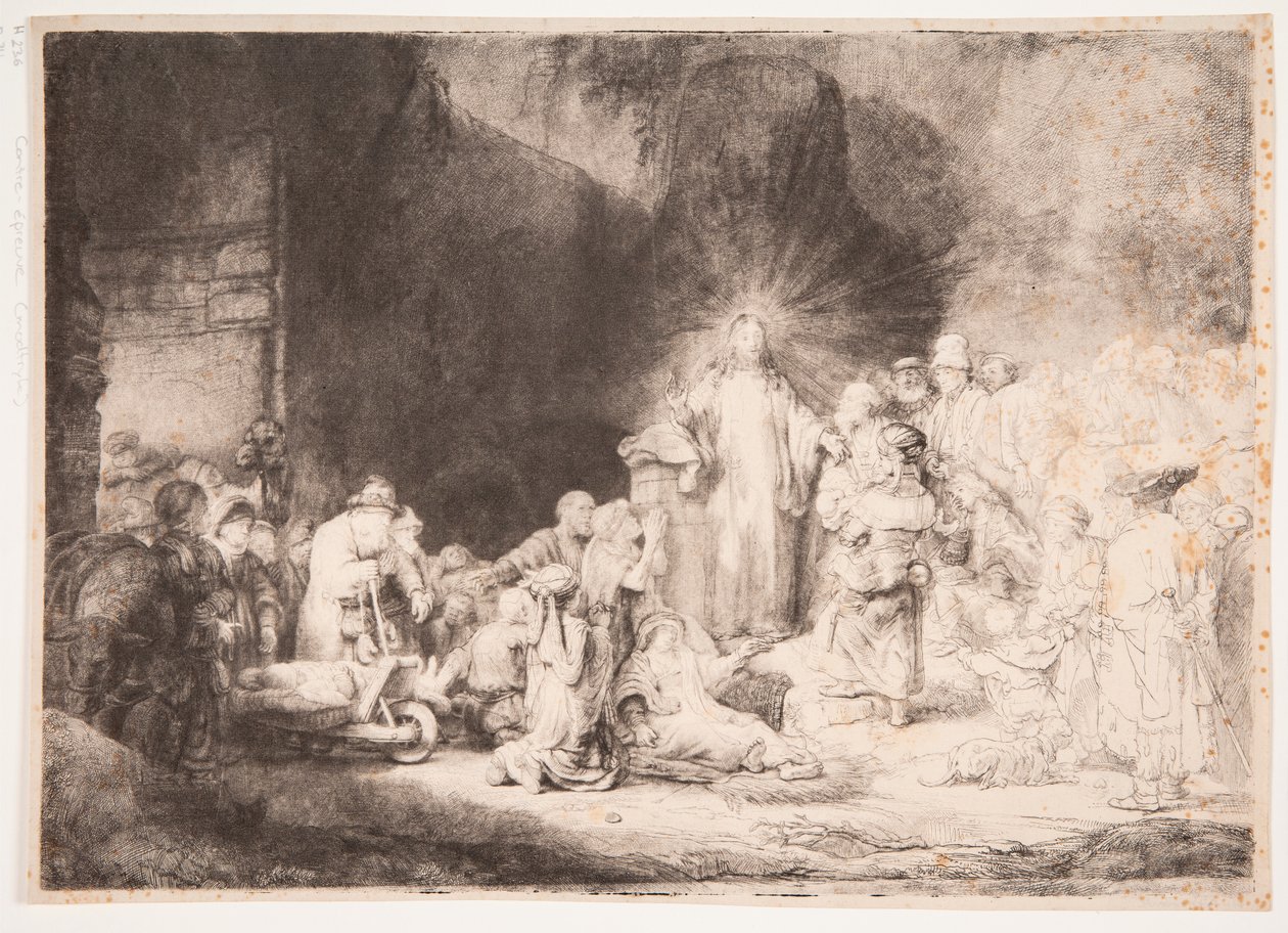 Kristus omgitt av syke mennesker, mens han tar imot små barn («Hundre-gulden-trykket») av Rembrandt van Rijn