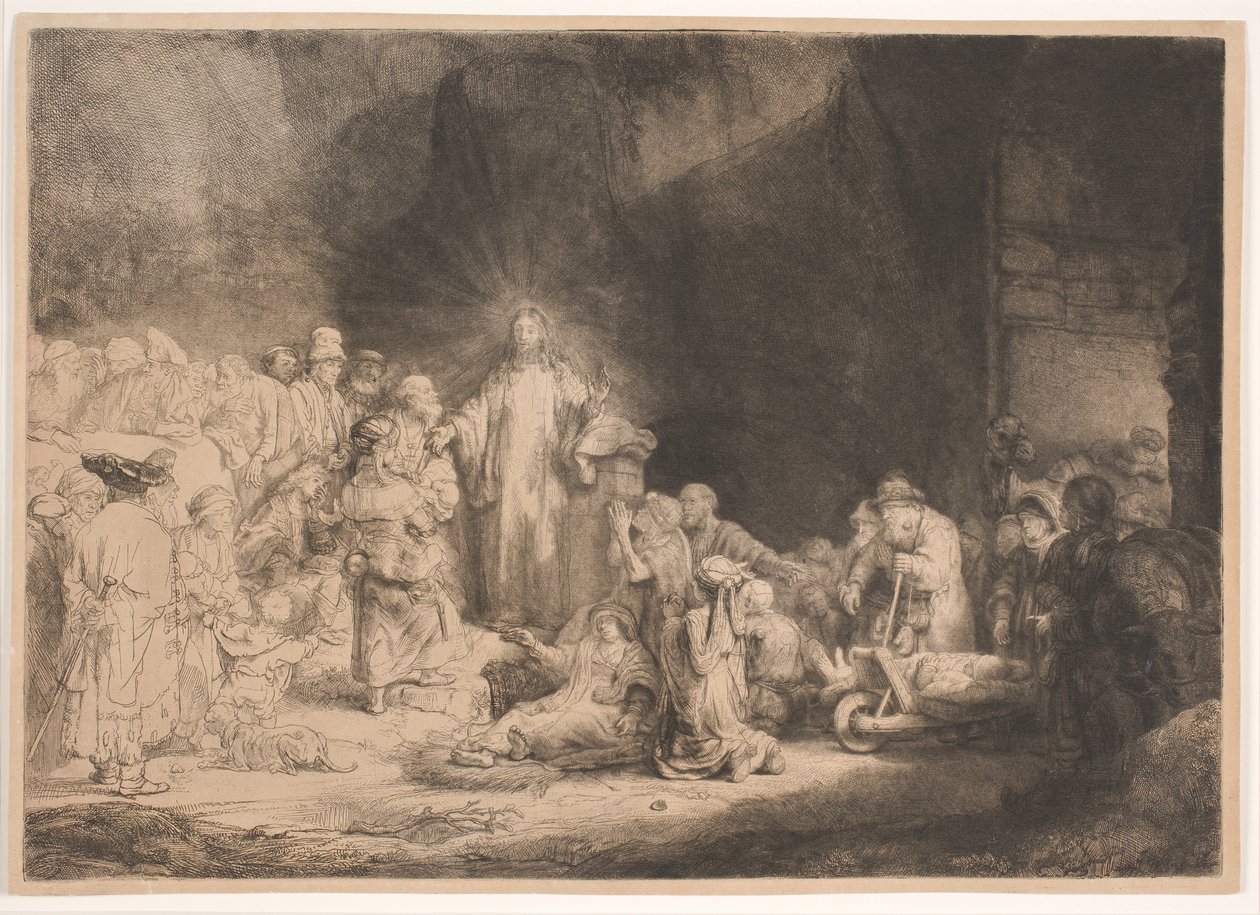 Kristus omgitt av syke mennesker, mens han tar imot små barn («Hundre-gulden-trykket») av Rembrandt van Rijn