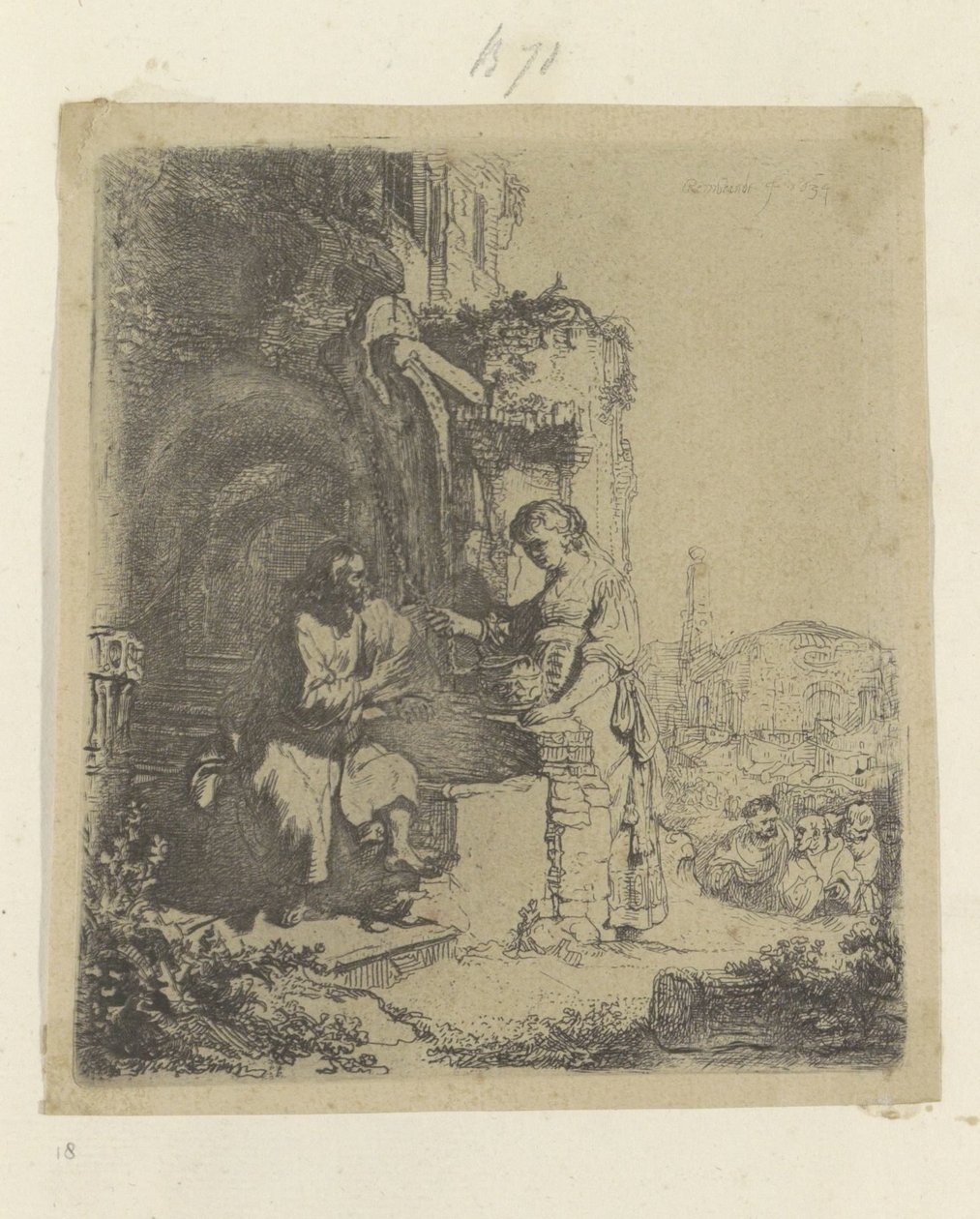 Kristus og den samaritanske kvinnen: Ruiner i bakgrunnen Recueil de quatre-vingt-cinq estampes originales (serietittel) av Rembrandt van Rijn
