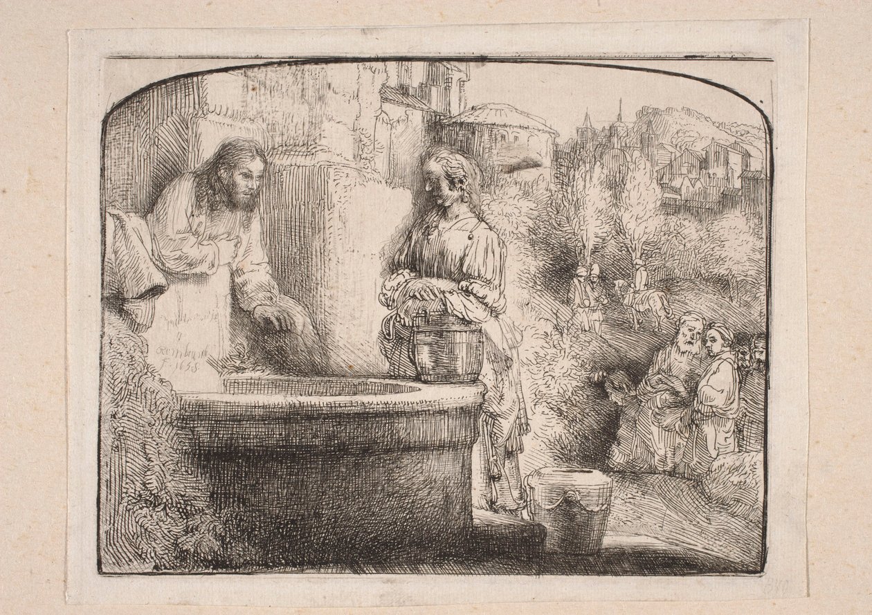 Kristus og den samaritanske kvinnen (Komposisjon avsluttet øverst med en bue) av Rembrandt van Rijn