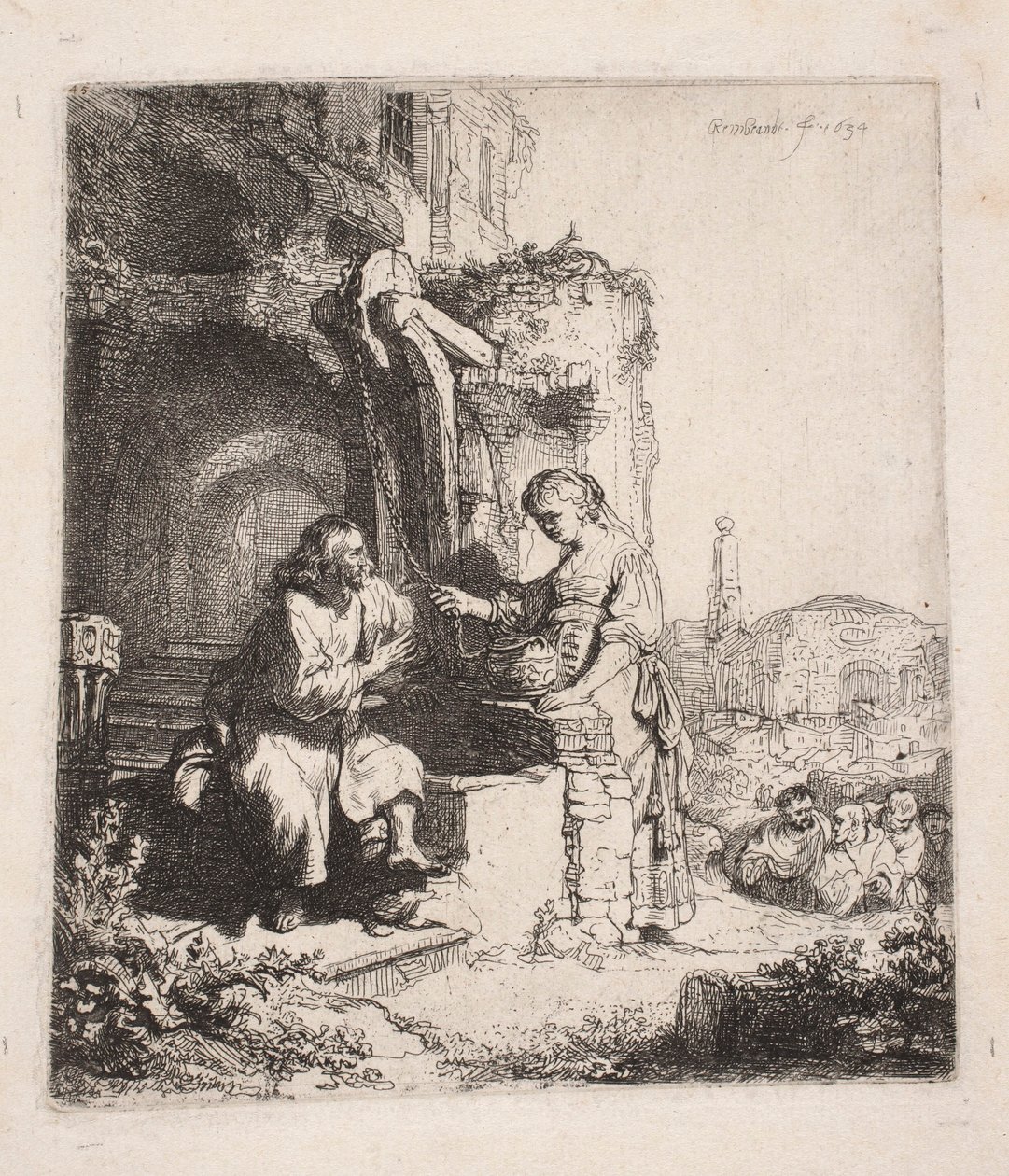 Kristus og den samaritanske kvinnen blant ruinene (vertikal illustrasjon) av Rembrandt van Rijn