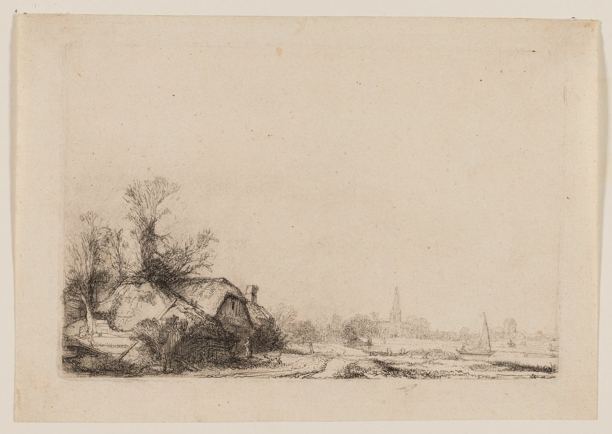 Hytte ved siden av en kanal med utsikt over Ouderkerk av Rembrandt van Rijn