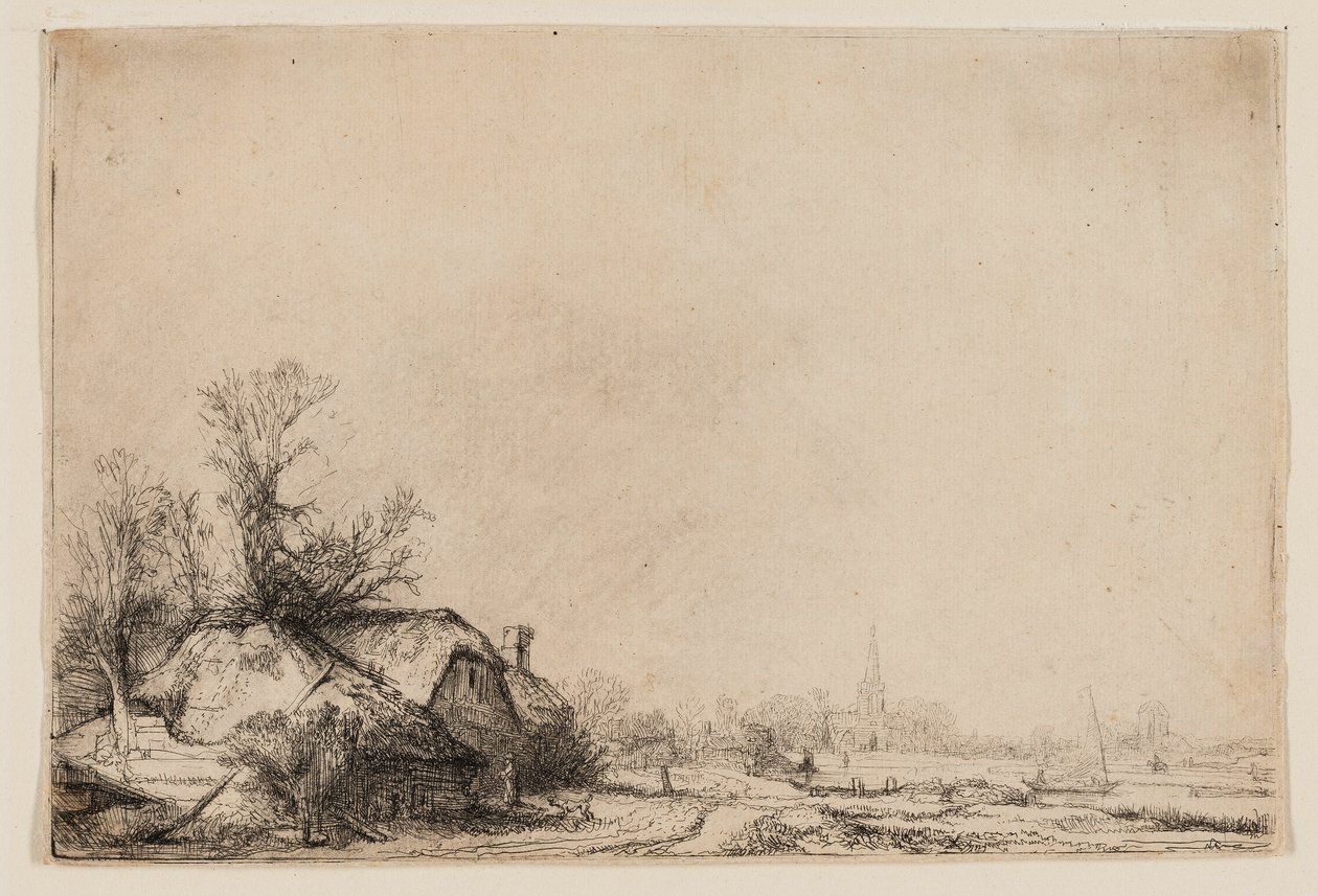 Hytte ved siden av en kanal med utsikt over Ouderkerk av Rembrandt van Rijn