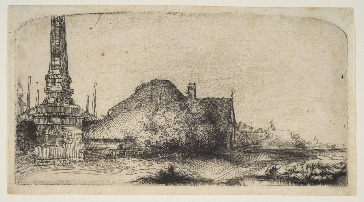 Hytte og grensepost på Spaarndammerdijk LObelisque, ca. 1650. av Rembrandt van Rijn