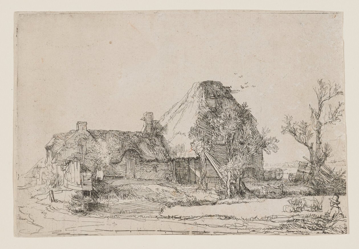 Hytte og gårdsbygninger med en mann som tegner av Rembrandt van Rijn