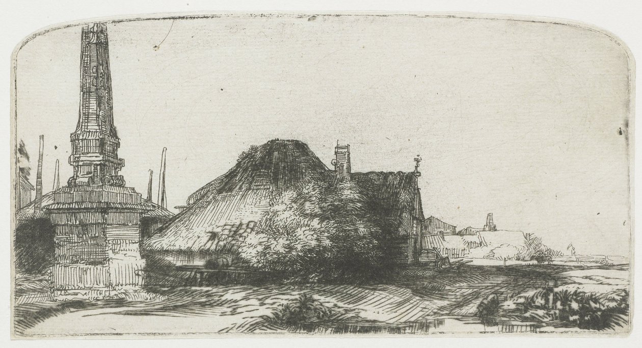 Hytte og grensestolpe på Spaarndammerdijk («L’Obelisque») av Rembrandt van Rijn