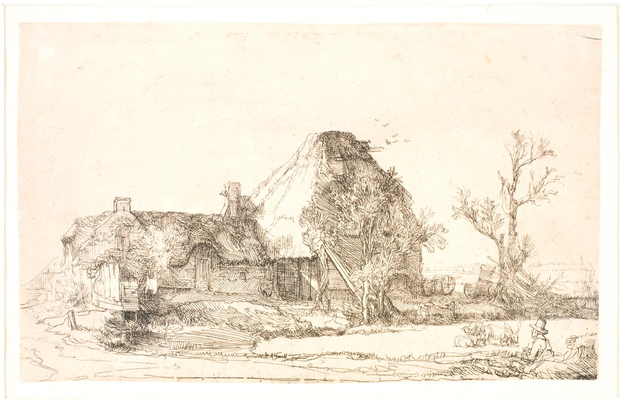 Cottage and farm buildings with a man sketching   1271321   no       norwegian Successfully Translated  Original: F. Leith Ross met de juffrouw (original title on object) Translat: F. Leith Ross met de juffrouw (original title on object) 1379622 no norwegi av Rembrandt van Rijn