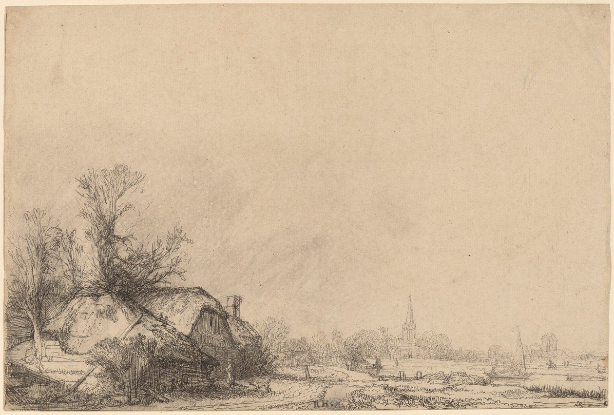 Hytte ved siden av en kanal av Rembrandt van Rijn