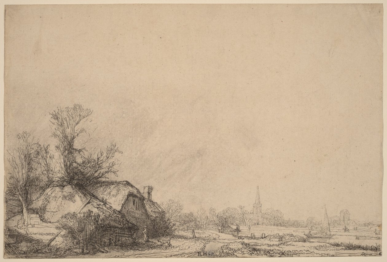 Hytte ved siden av en kanal av Rembrandt van Rijn