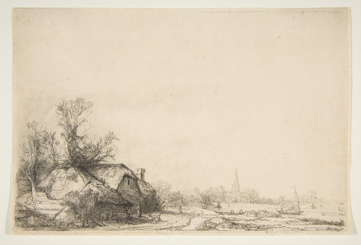 Hytte ved siden av en kanal med utsikt over Ouderkerk, ca. 1641. av Rembrandt van Rijn