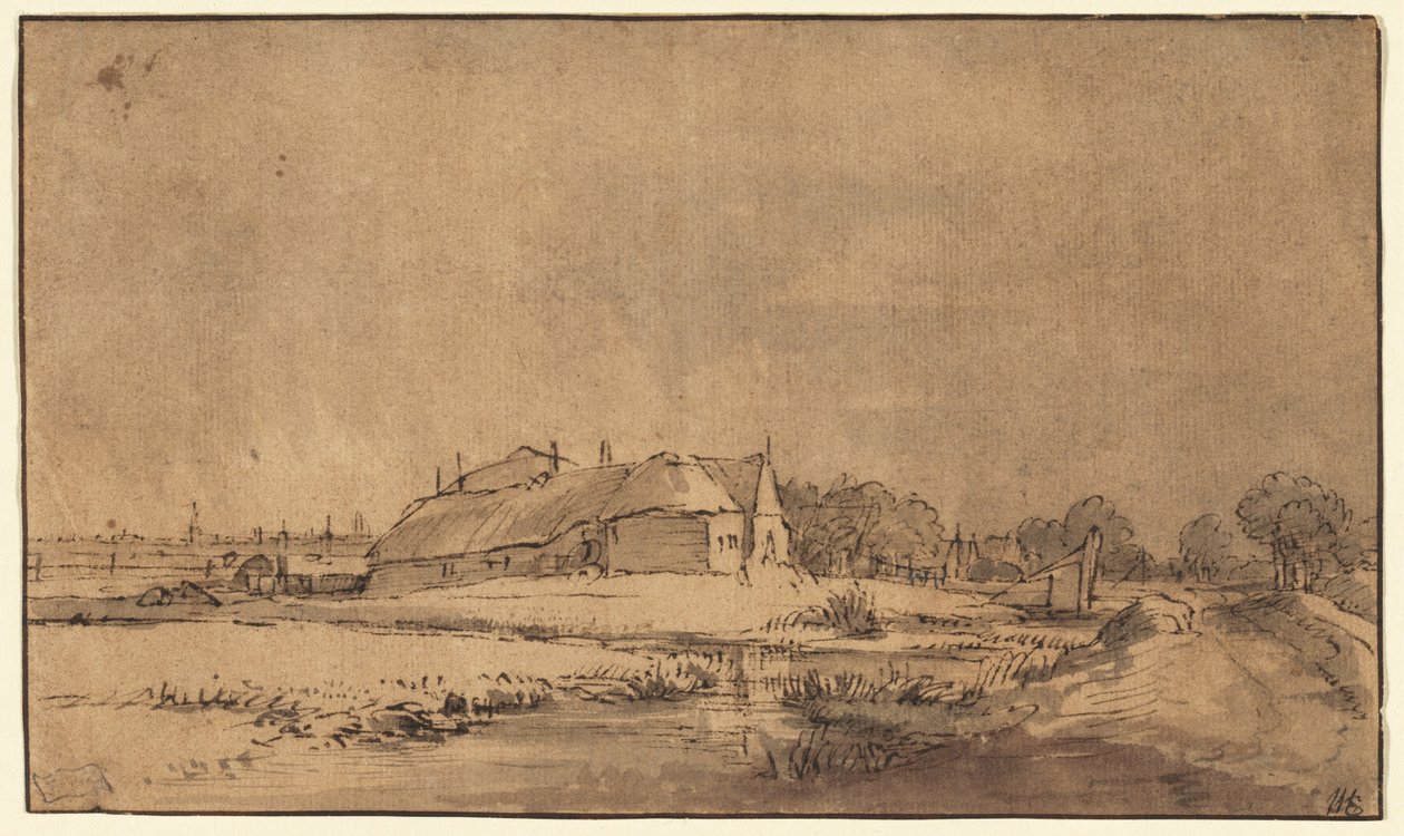 Hytter og låve ved siden av en vei av Rembrandt van Rijn