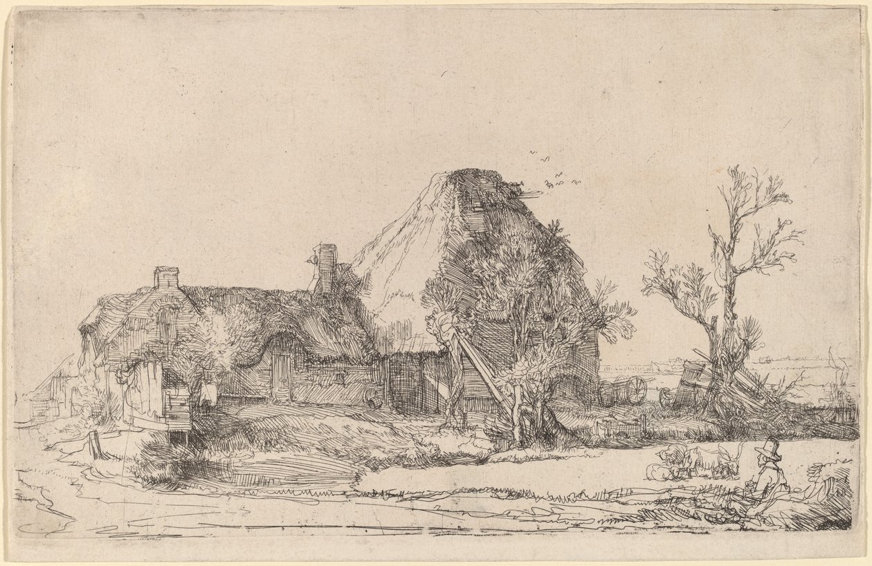 Hytter og gårdsbygninger med en mann som skisserer av Rembrandt van Rijn