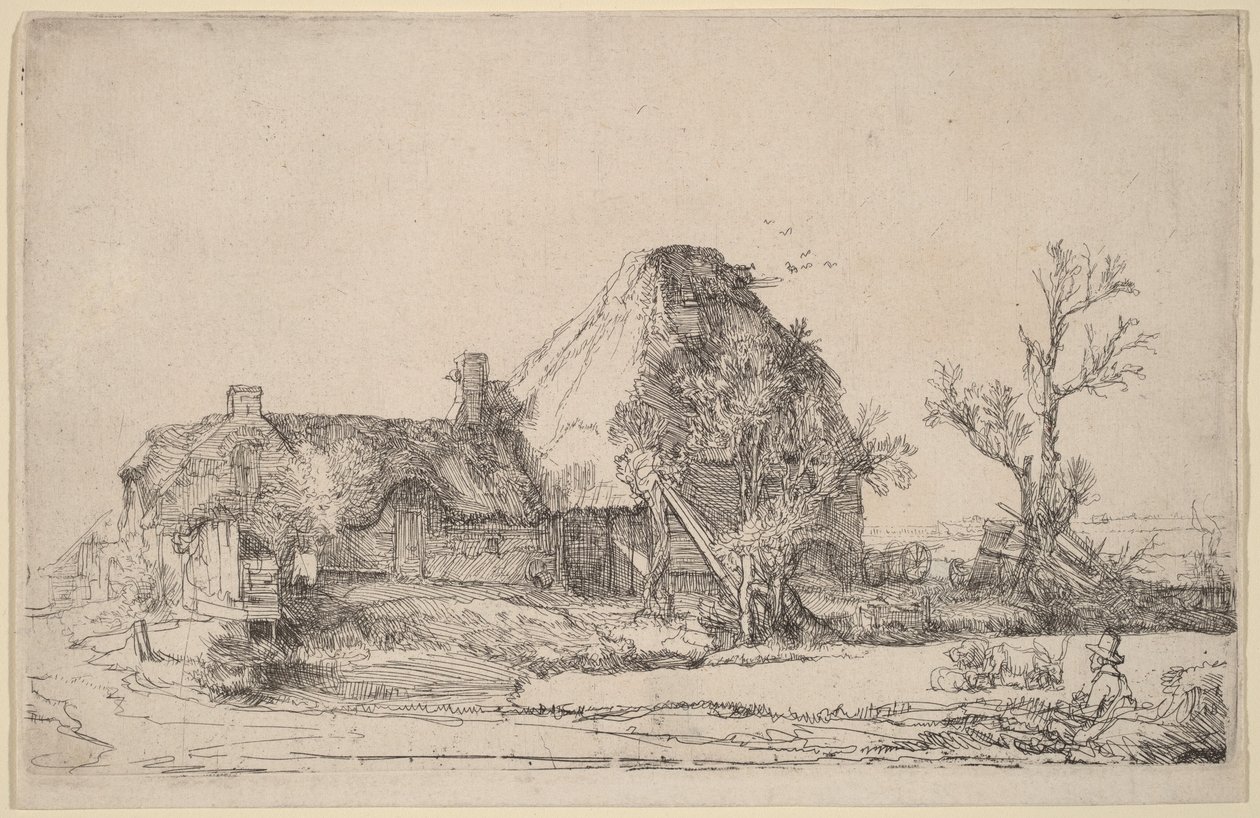 Hytter og gårdsbygninger med en mann som tegner av Rembrandt van Rijn