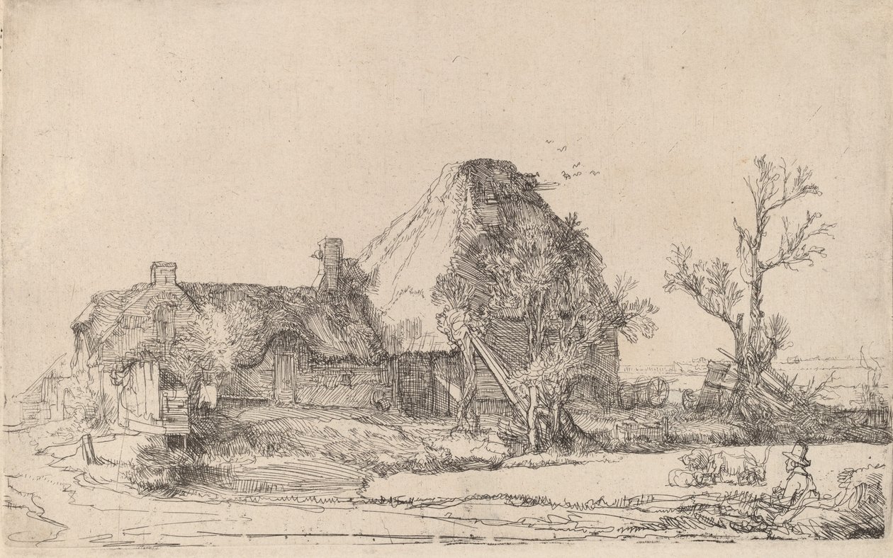Hytter og gårdsbygninger med en mann som skisserer, ca. 1645. av Rembrandt van Rijn
