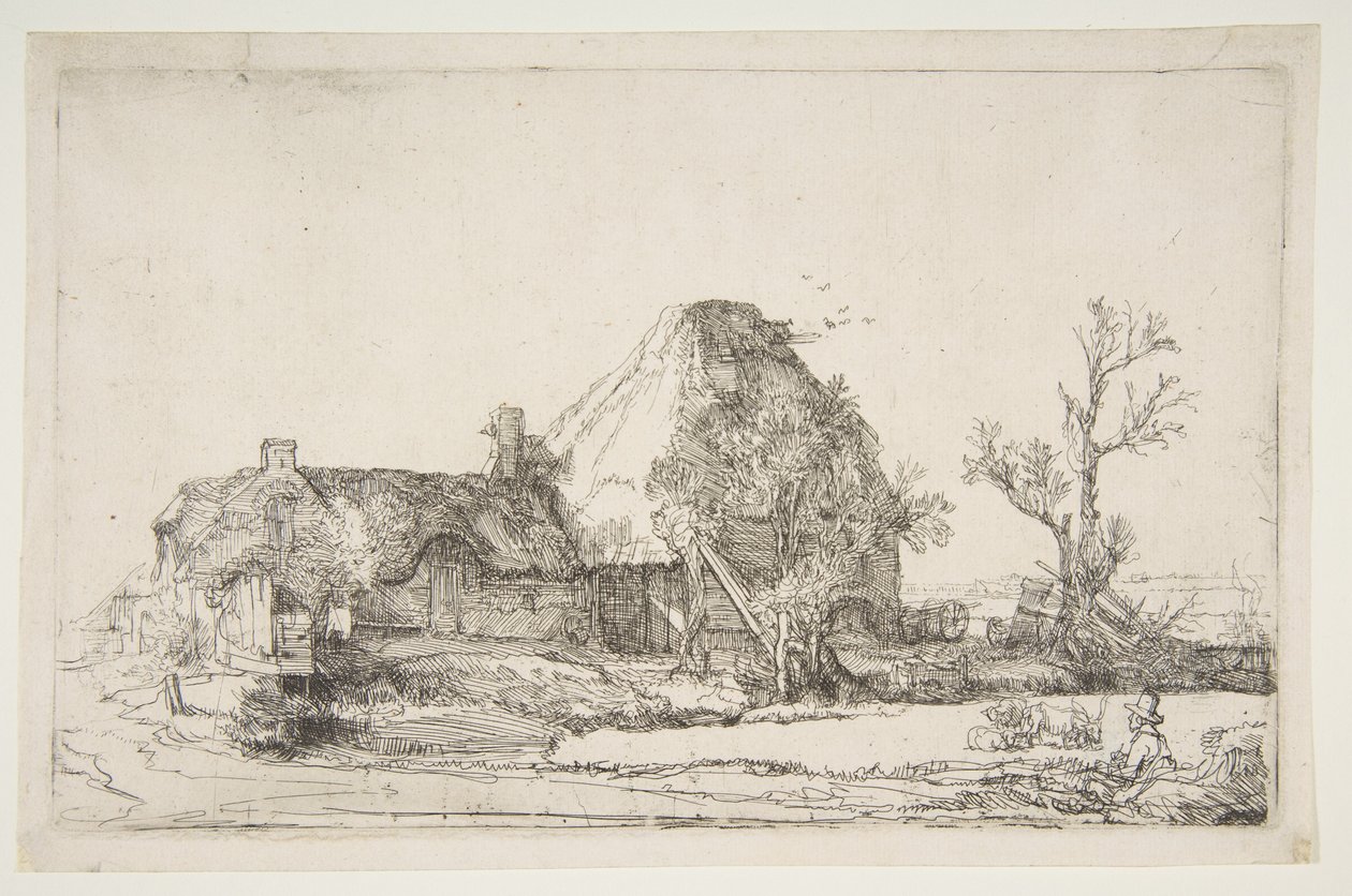 Hytter og gårdsbygninger med en mann som skisserer, ca. 1645. av Rembrandt van Rijn