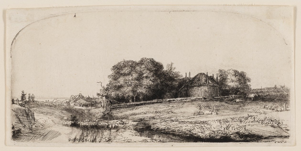 Hytter og en høylåve på Diemerdijk med en saueflokk av Rembrandt van Rijn