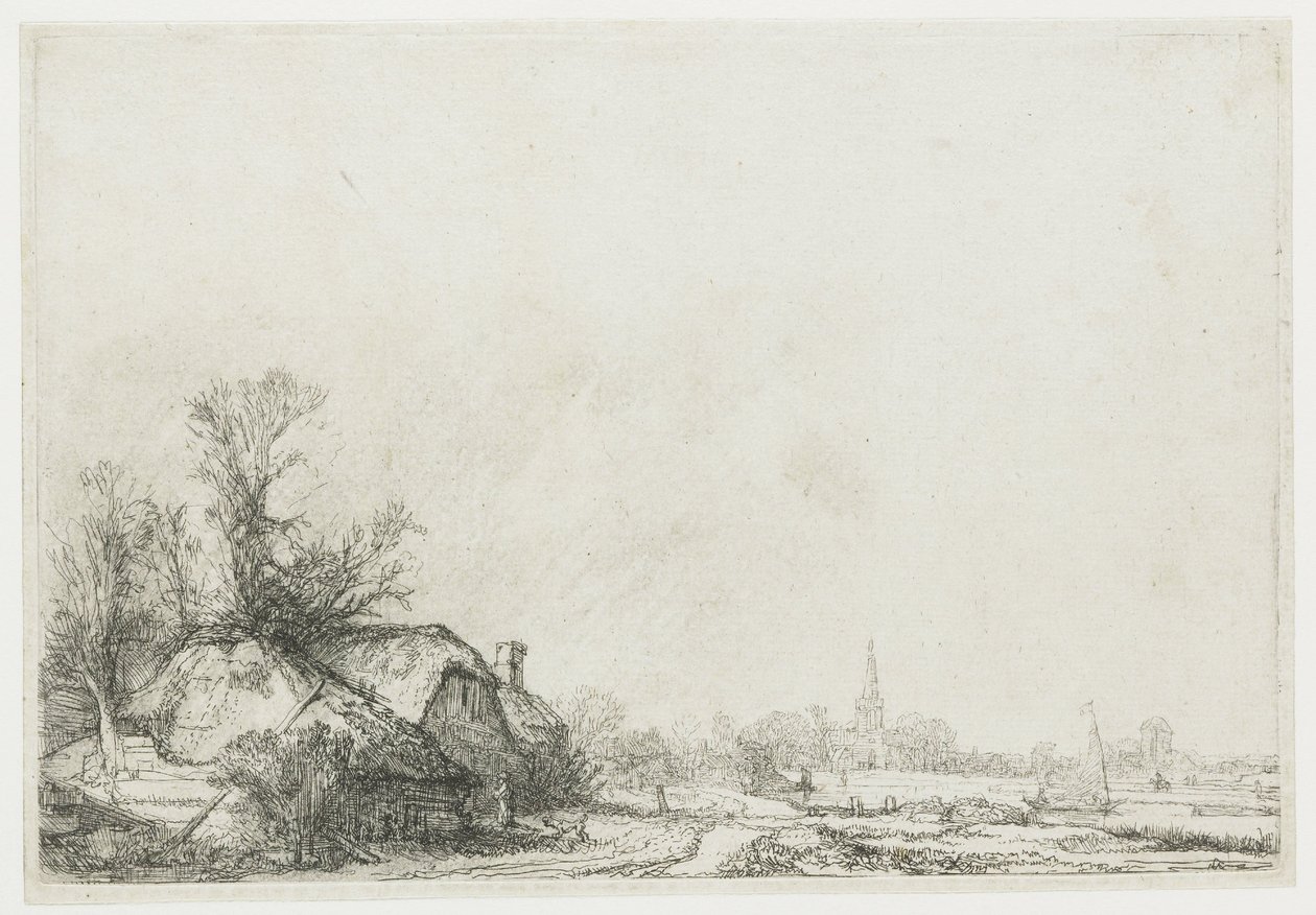 Hytter ved en kanal: Utsikt over Ouderkerk aan de Amstel av Rembrandt van Rijn