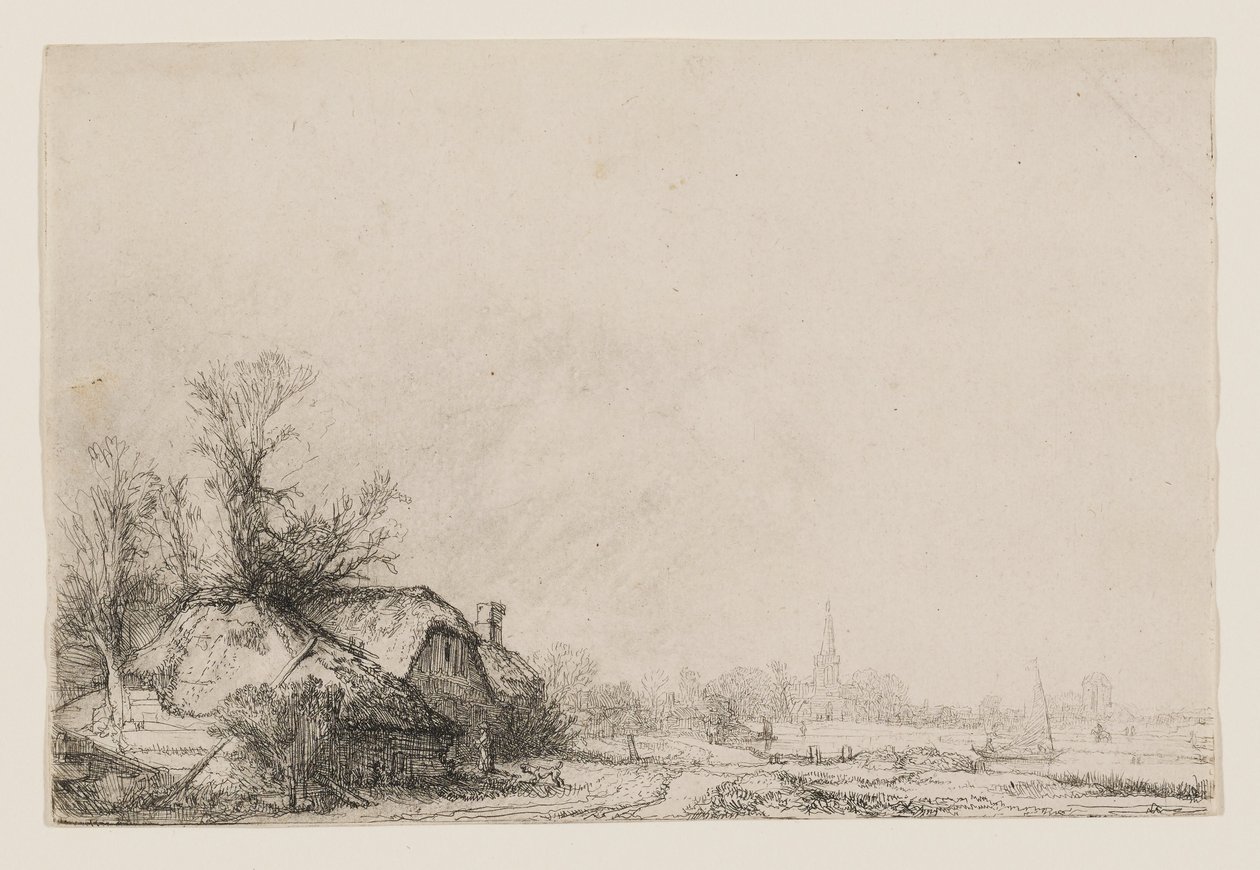 Hytter ved en kanal med en kirke og en seilbåt av Rembrandt van Rijn