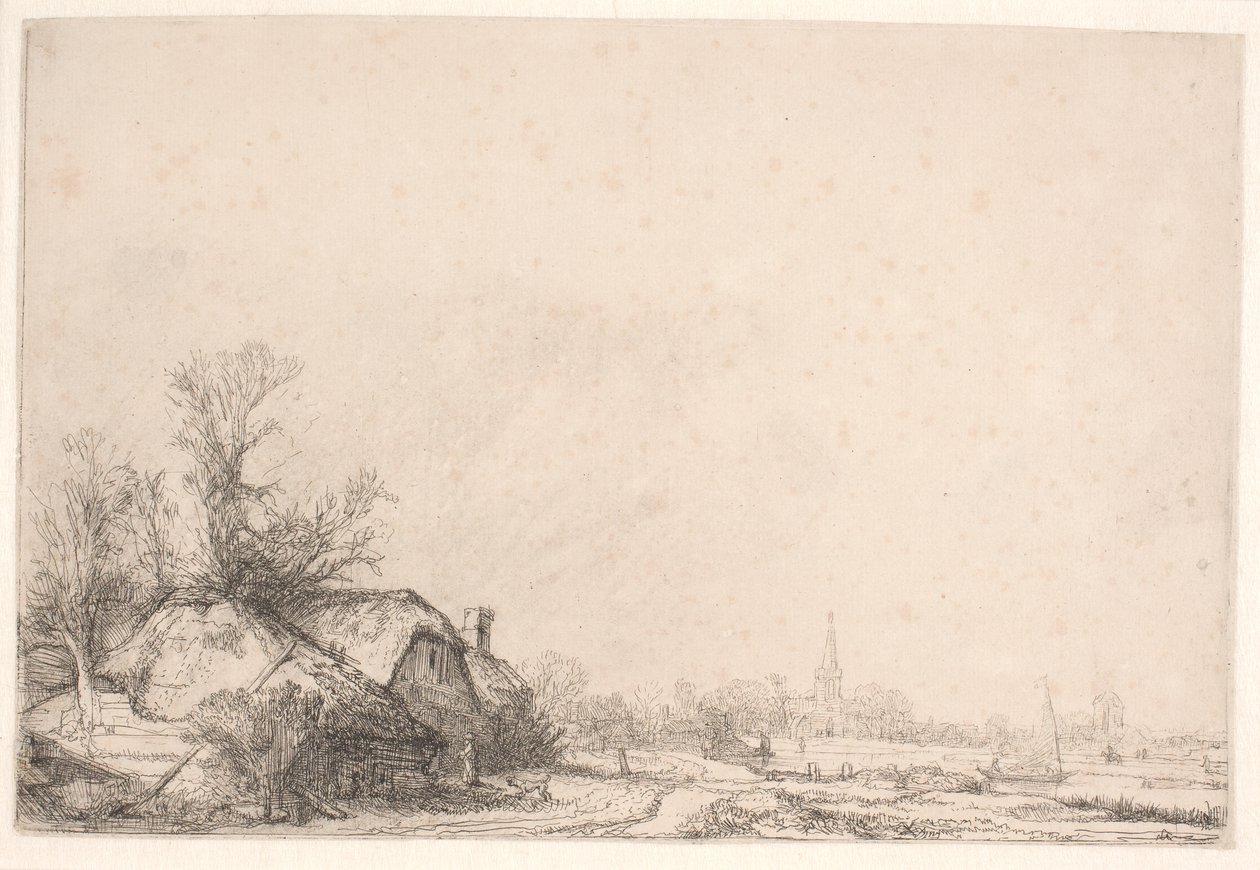 Hytter ved en kanal: med en kirke og en seilbåt av Rembrandt van Rijn