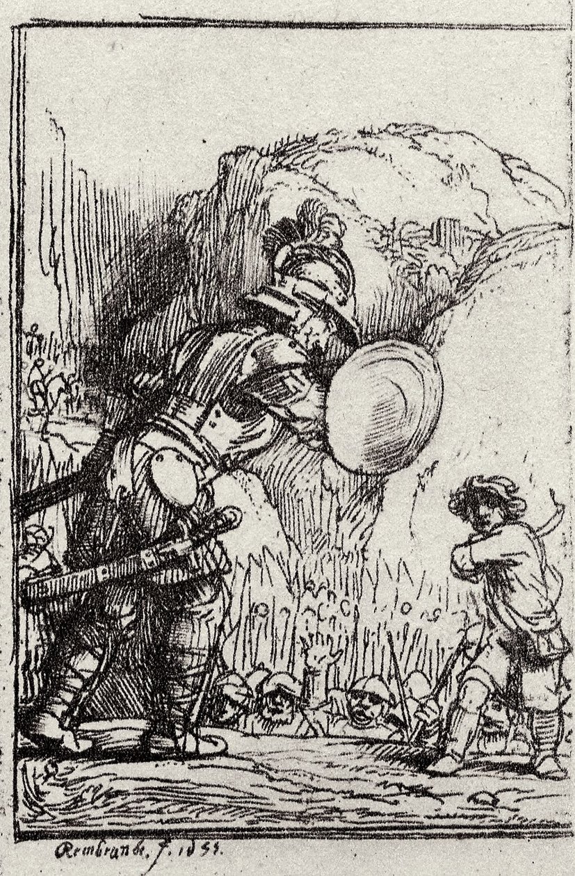 David og Goliat. Illustrasjon for Piedra gloriosa av Menasseh ben Israel av Rembrandt van Rijn