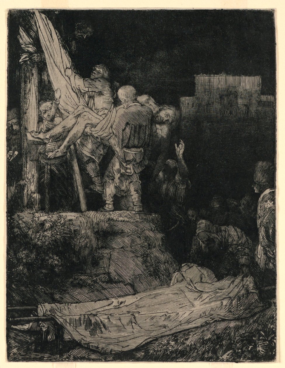 Nedstigning fra korset med fakkellys av Rembrandt van Rijn