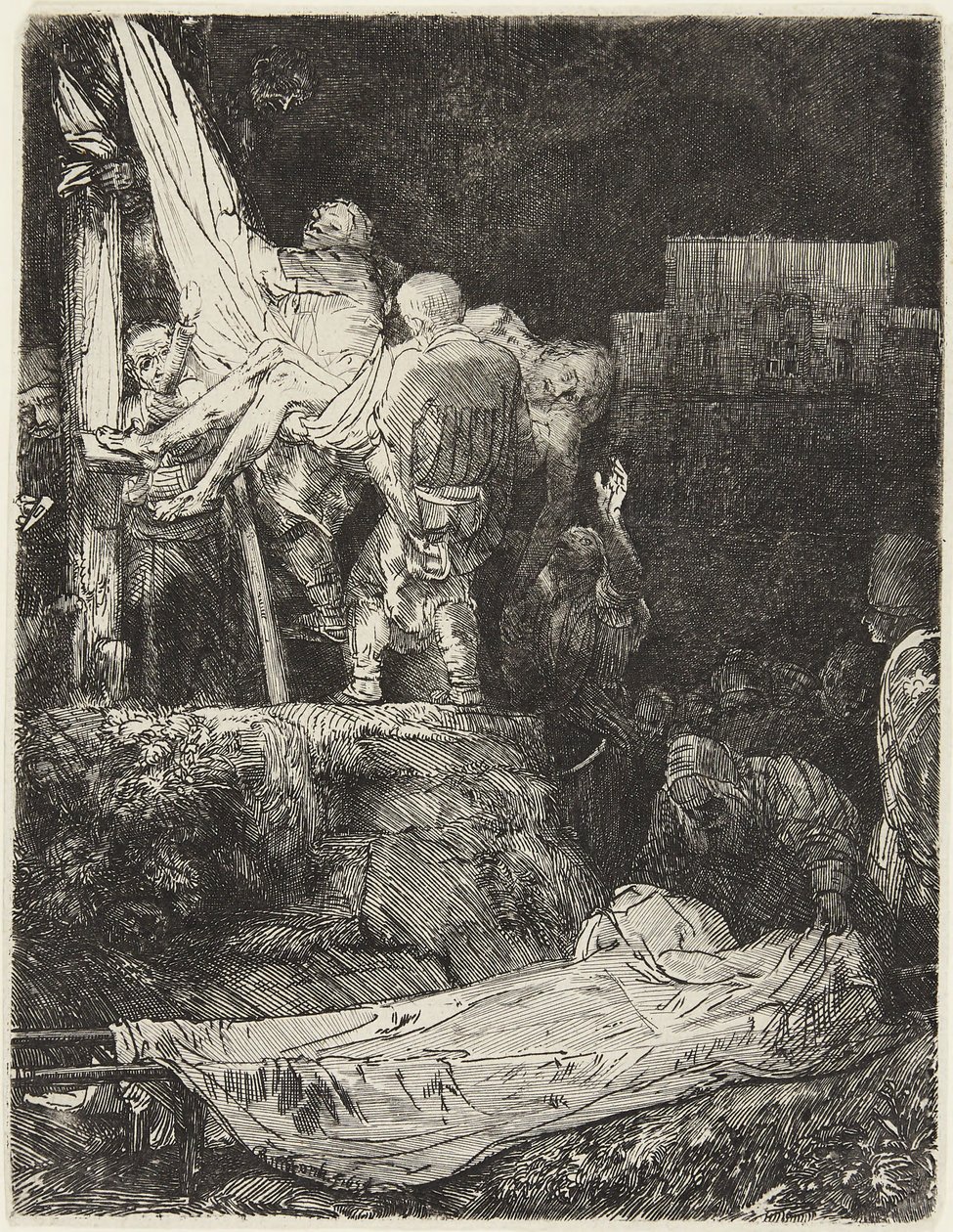 Nedtagningen fra korset i fakkellys av Rembrandt van Rijn